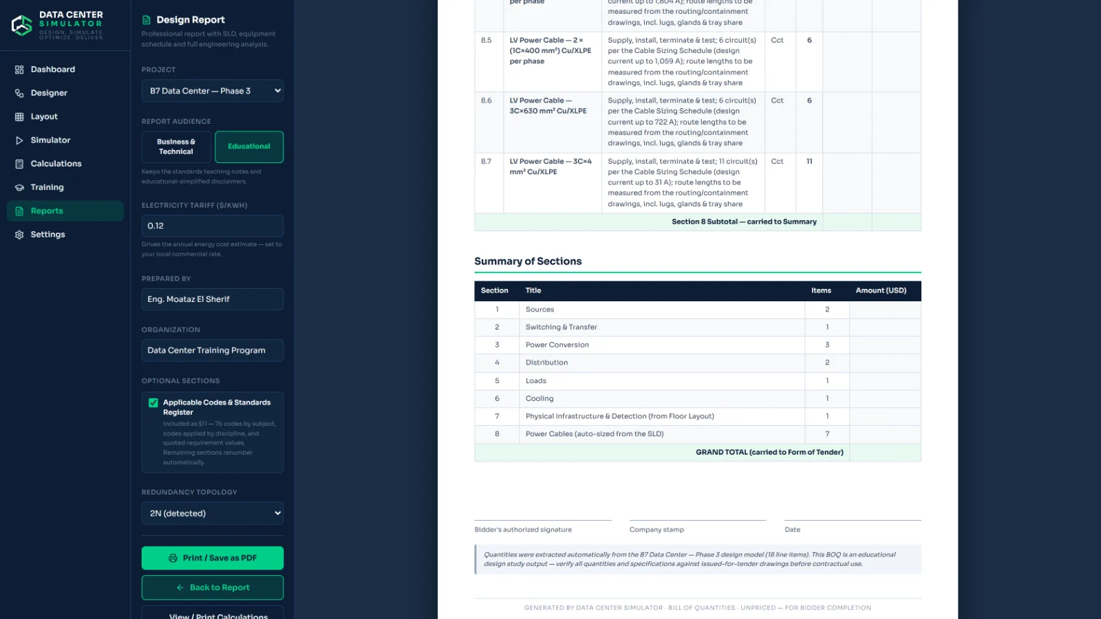 Bill of quantities generated from the model, itemising equipment with quantities ready for pricing