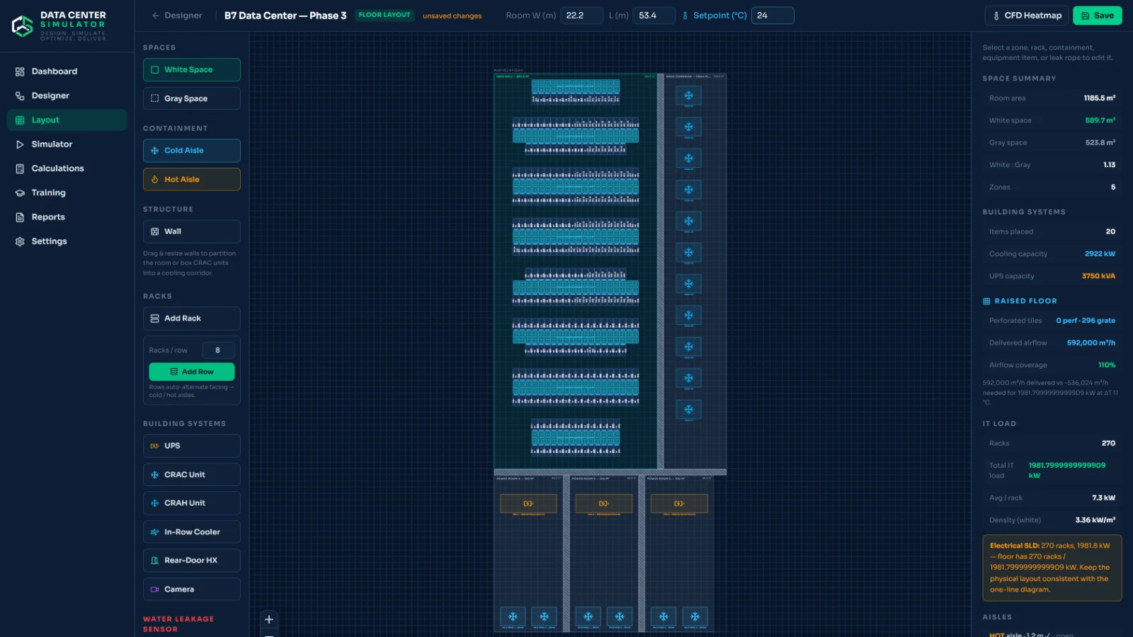 White space floor plan with rack rows, aisles and equipment placed to scale