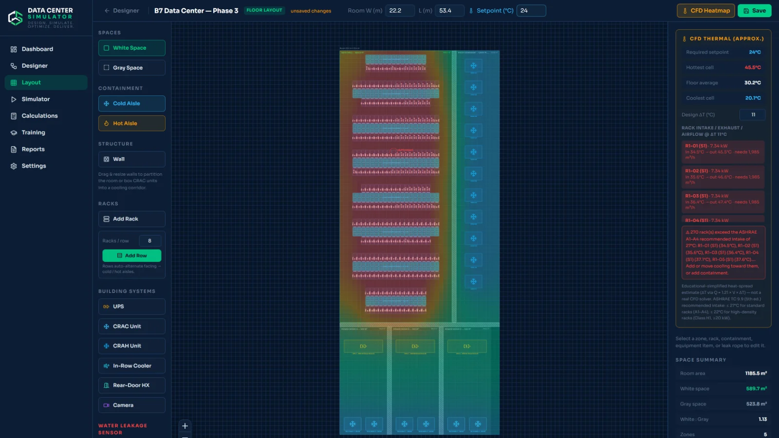 Thermal map of the floor showing hot and cold aisle temperature distribution across the rack rows