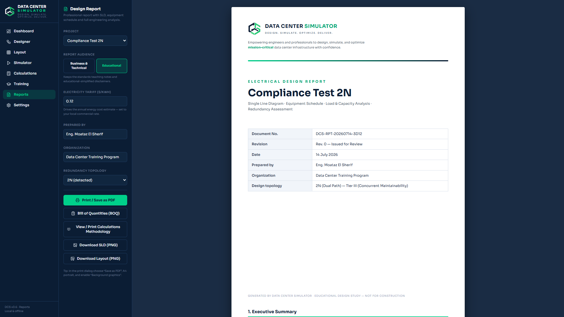 Report generator producing a document-numbered electrical design report for a 2N Tier III topology
